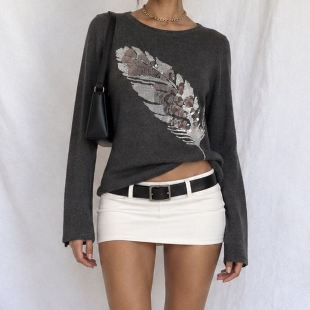 Vintage Y2K 90s Gray Cashmere Blend Sequin Knit Crewneck Pullover Sweater Size M